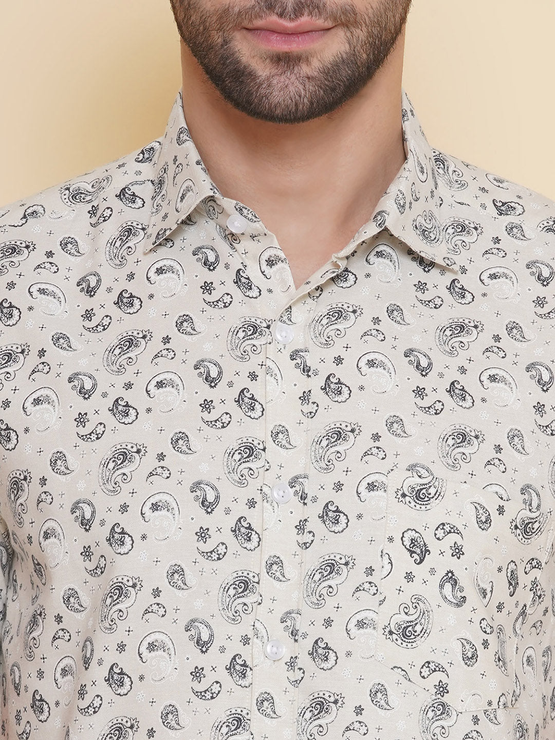 Louis Monarch Men Regular Fit Cream Printed Spread Collar Casual Half Shirt